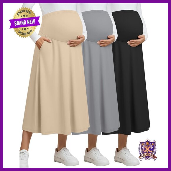 Maternity Maxi Skirts 3 Pack High Waisted Over Belly Pockets A-Line